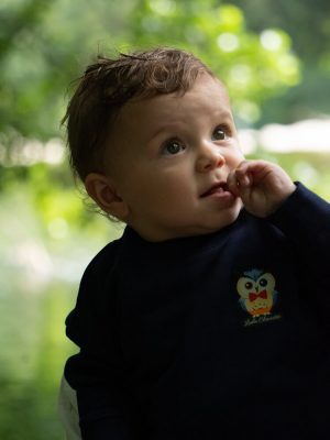 Sweat-shirt à col rond à capuche pour bébé marque Luluchouette modèle Henry couleur bleu